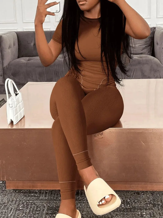 Solid Two-pieces Rib Knit Stretchy Skinny Shorts Set