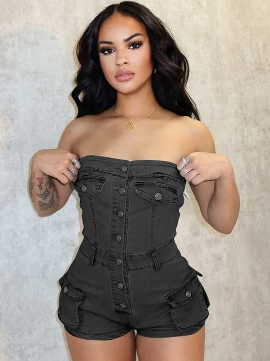Elastic Denim Slim One Piece