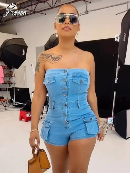 Elastic Denim Slim One Piece