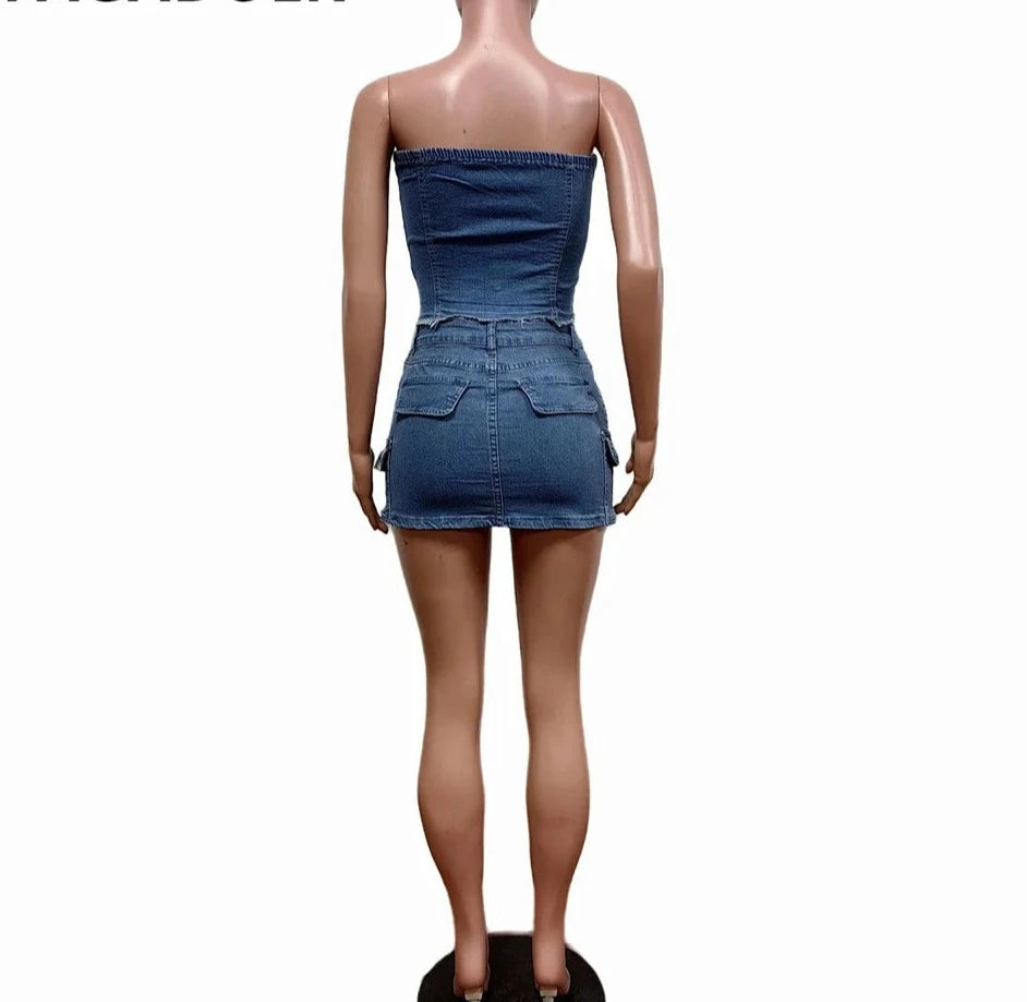 Denim 2 Piece Set Sleeveless Tube/Mini Skirts