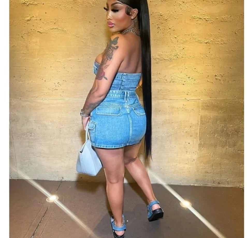 Denim 2 Piece Set Sleeveless Tube/Mini Skirts