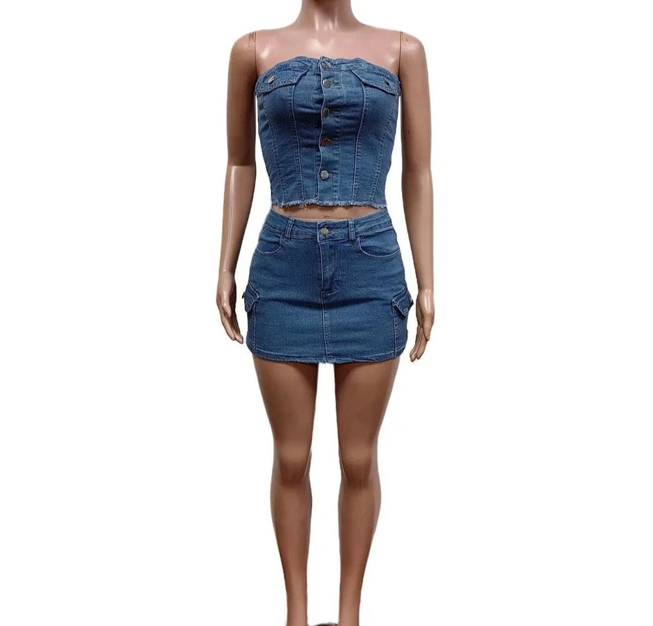 Denim 2 Piece Set Sleeveless Tube/Mini Skirts