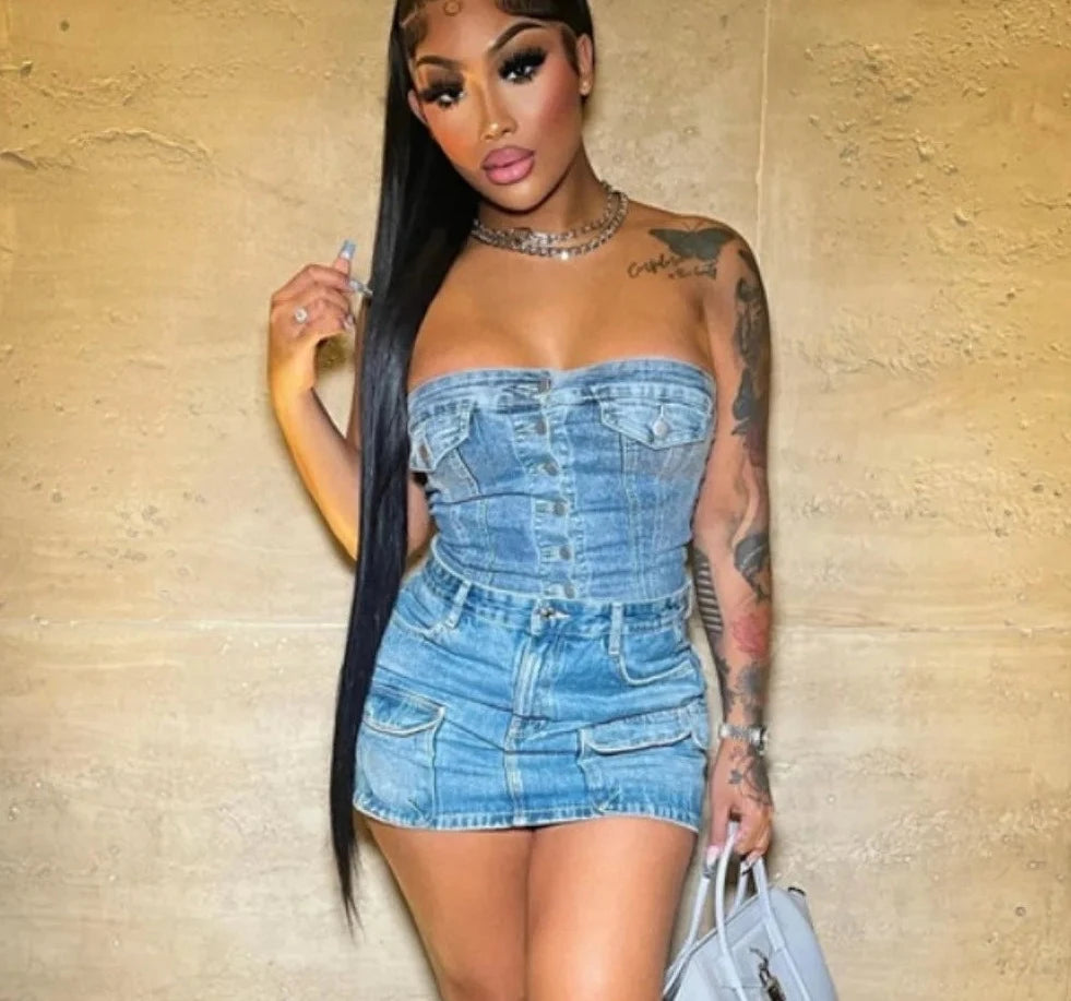 Denim 2 Piece Set Sleeveless Tube/Mini Skirts