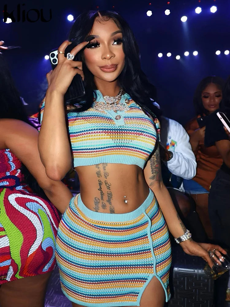 Knitted Two Piece Set Top+High Waist Mini Skirt