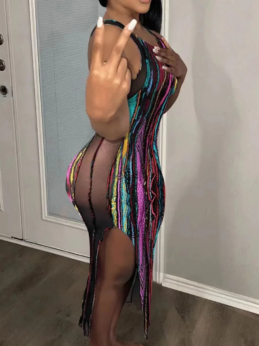 Colorful Maxi Dress Mixed Print Mesh