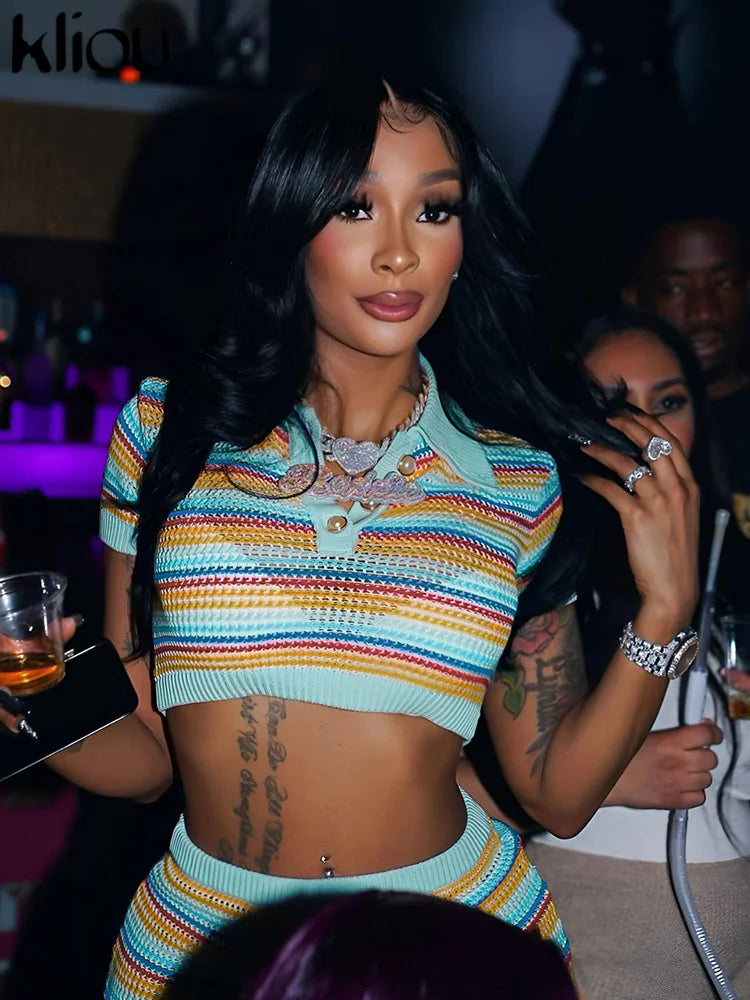 Knitted Two Piece Set Top+High Waist Mini Skirt